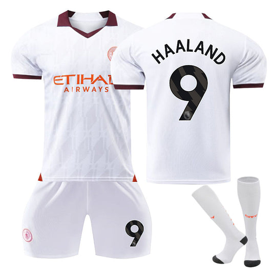 UONNO Manchester City Away Jersey HAALAND #9 Soccer Jersey Kids Adult 3Pcs Jersey Kits-White