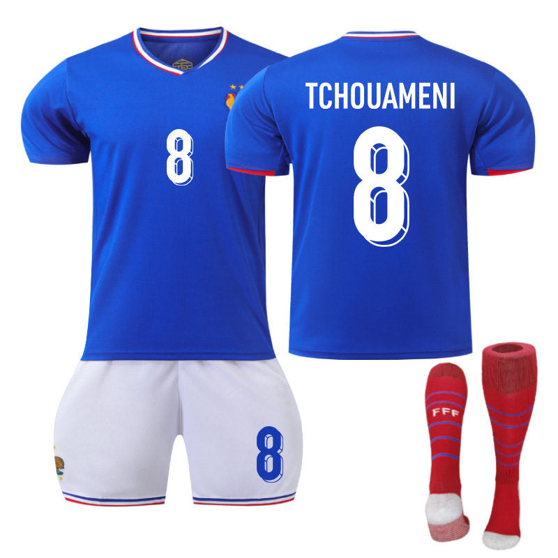 UONNO TCHOUAMENI #8 French Home Jersey Soccer Jersey Kit Football T-shirt Set for Adult Kids