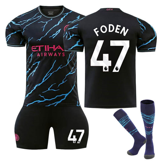 UONNO Manchester City Second Away EPL Jersey FODEN #47 Soccer Jersey Kids Adult 3Pcs Jersey Kits