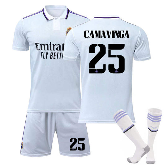 UONNO Real Madrid Home Jersey 2022-23 CAMAVINGA #25 Soccer Jersey Kids Adult 3-Pieces Jersey Kits