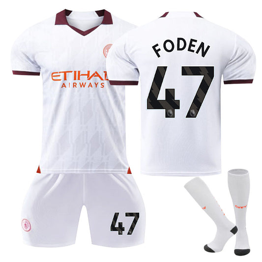 UONNO Manchester City Away Jersey FODEN #47 Soccer Jersey Kids Adult 3Pcs Jersey Kits-White