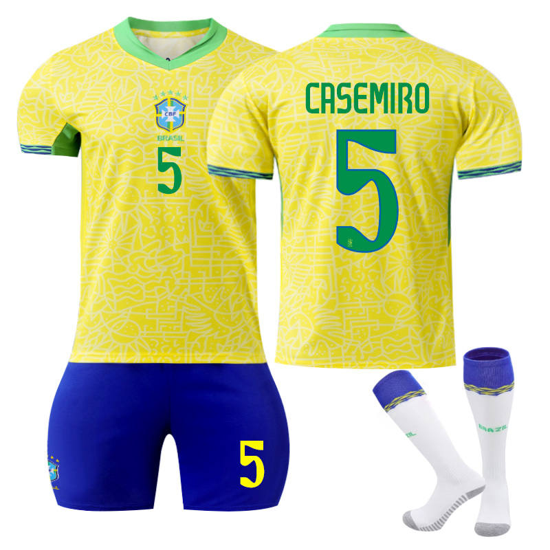 UONNO CASEMIRO #5 Brazilian Home Jersey Soccer Jersey Kit Football T-shirt Set for Adult Kids