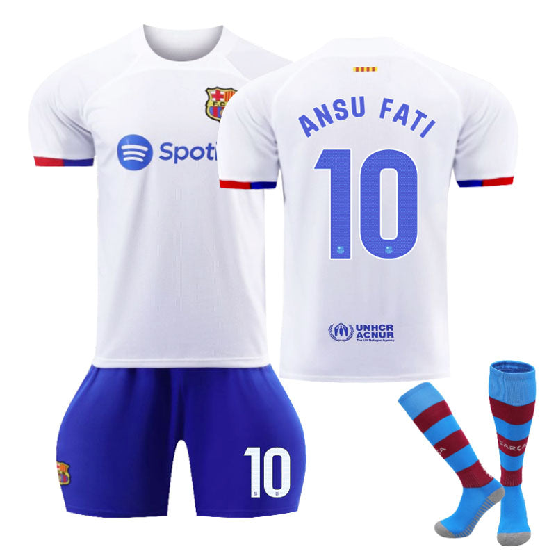 UONNO Barca Away Jersey ANSU FATI #10 Soccer Jersey Kids Adult 3-Pieces Jersey Kits