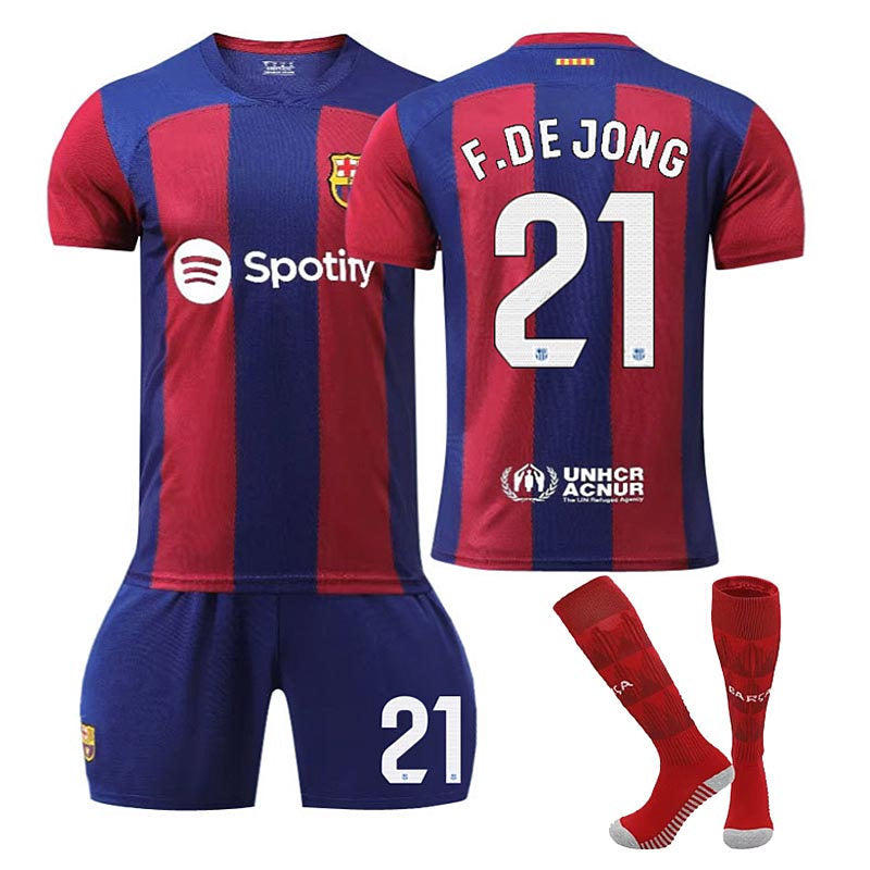 UONNO Barca Home Jersey F.DE JONG #21 Soccer Jersey Kids Adult 3-Pieces Jersey Kits