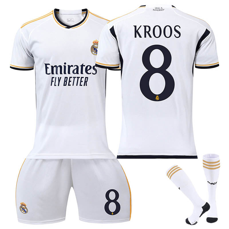 UONNO Real Madrid Home Jersey KROOS. #8 Soccer Jersey Kids Adult 3Pcs Jersey Kits