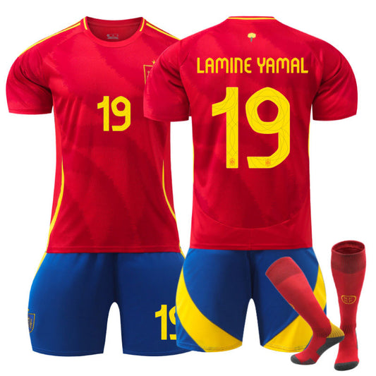 UONNO LAMINE YAMAL #19 Spain Home Jersey Soccer Jersey Kit Football T-shirt Set for Adult Kids