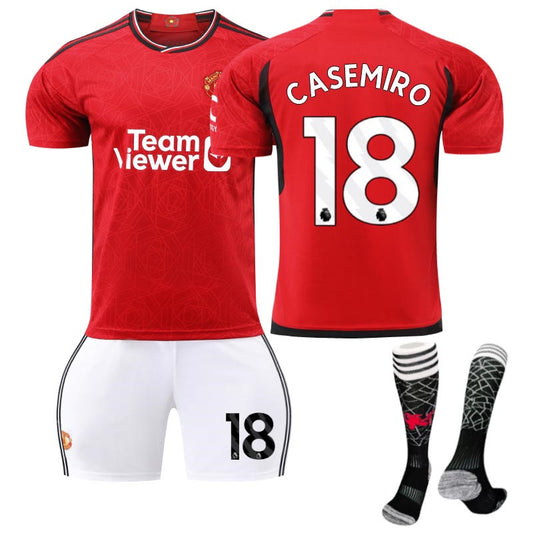 UONNO Red Devil Man Utd Home Jersey CASEMIRO #18 Soccer Jersey Kids Adult 3Pcs Jersey Kits