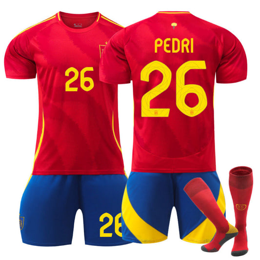 UONNO PEDRI #26 Spain Home Jersey Soccer Jersey Kit Football T-shirt Set for Adult Kids