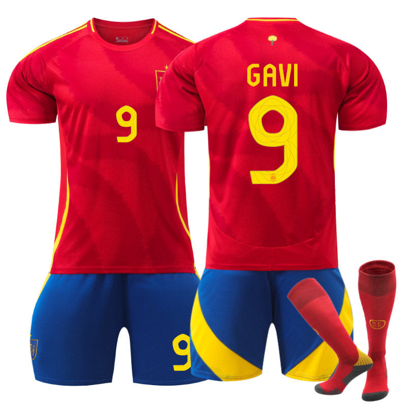 UONNO GAVI #9 Spain Home Jersey Soccer Jersey Kit Football T-shirt Set for Adult Kids