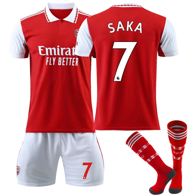 UONNO Arsenal Home Jersey 2022-23 SAKA #7 Soccer Jersey Kids Adult 3-Pieces Jersey Kits