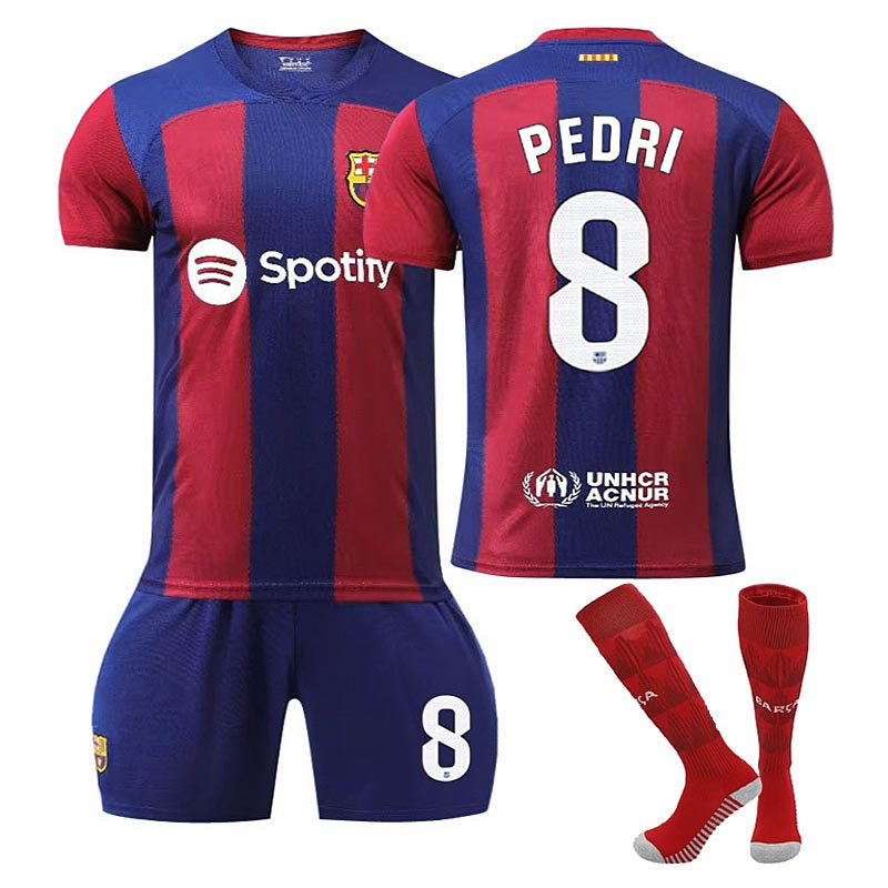 UONNO Barca Home Jersey PEDRI #8 Soccer Jersey Kids Adult 3-Pieces Jersey Kits