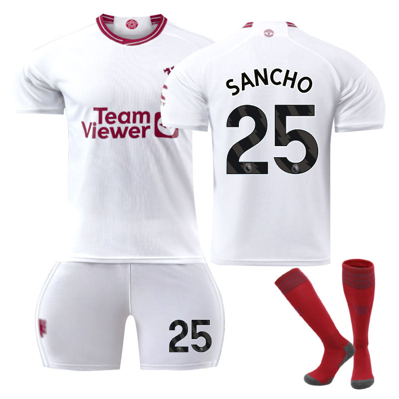 UONNO Red Devil Man Utd Second Away Jersey SANCHO #25 Soccer Jersey Kids Adult 3Pcs Jersey Kits