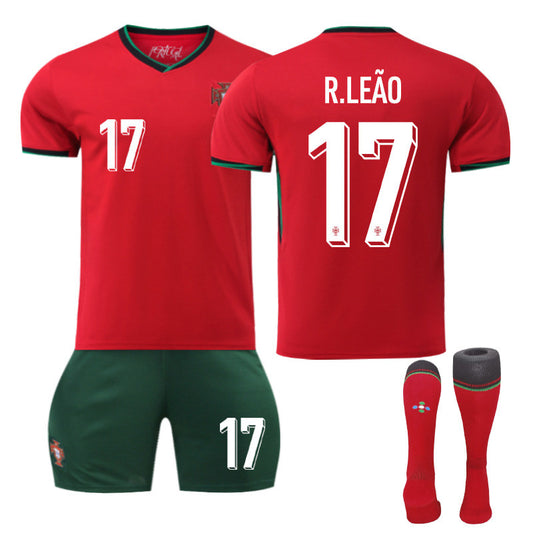 UONNO R.LEAO #17 Portugal Home Jersey Soccer Jersey Kit Football T-shirt Set for Adult Kids