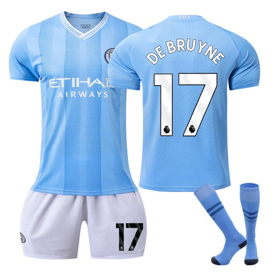 UONNO Manchester City Home WS Jersey DE BRUYNE #17 Soccer Jersey Kids Adult 3Pcs Jersey Kits