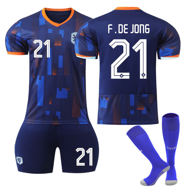 UONNO F.DE.JONG #21 Netherlands Away Jersey Soccer Jersey Kit Football T-shirt Set for Adult Kids