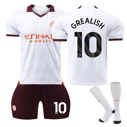 UONNO Manchester City Away Jersey GREALISH #10 Soccer Jersey Kids Adult 3Pcs Jersey Kits-Brown