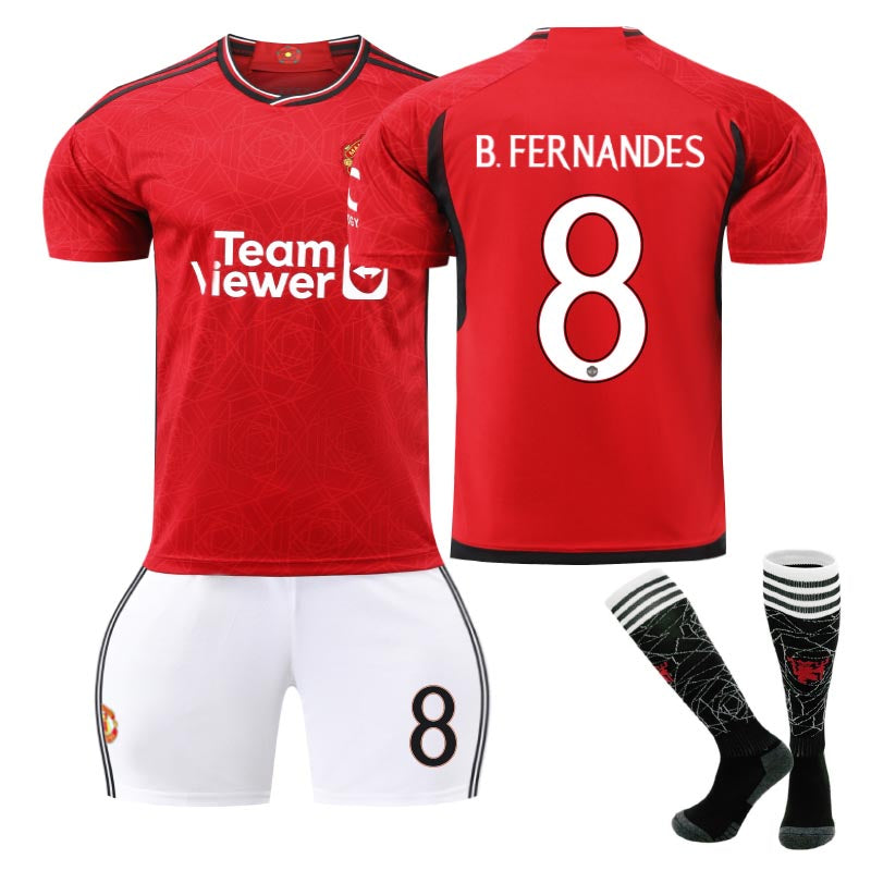 UONNO Red Devil Home Jersey B.FERNANDES #8 Soccer Jersey Kids Adult 3Pcs Jersey Kits