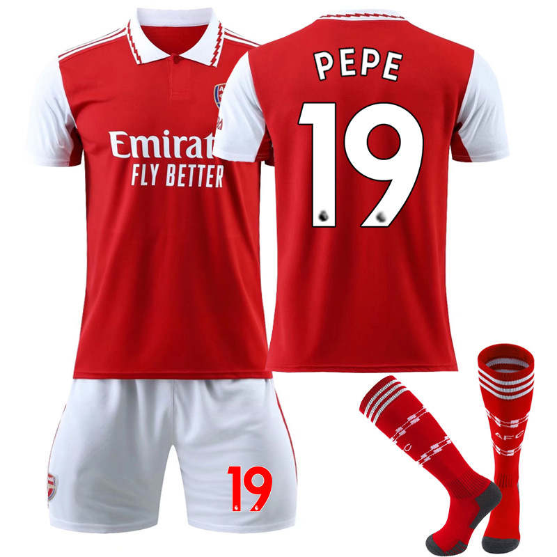 UONNO Arsenal Home Jersey 2022-23 PEPE #19 Soccer Jersey Kids Adult 3-Pieces Jersey Kits