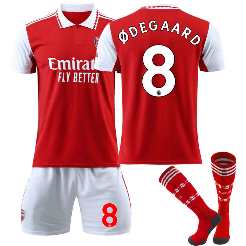 UONNO Arsenal Home Jersey 2022-23 ODEGAARD #8 Soccer Jersey Kids Adult 3-Pieces Jersey Kits