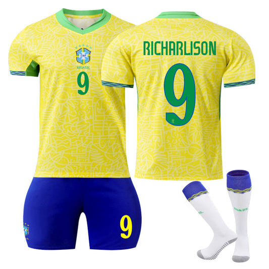 UONNO RICHARLISON #9 Brazilian Home Jersey Soccer Jersey Kit Football T-shirt Set for Adult Kids