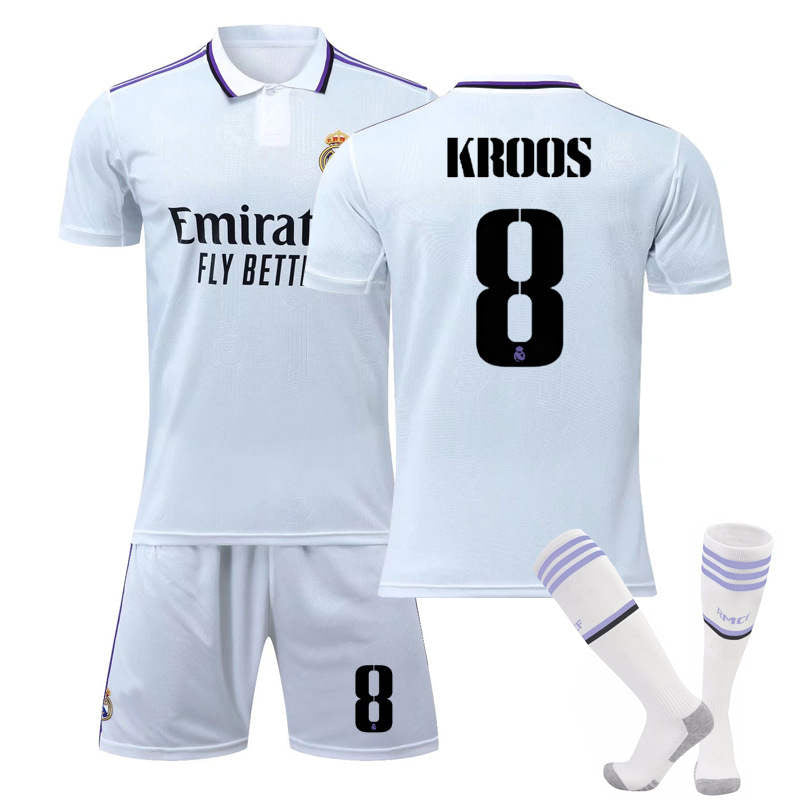 UONNO Real Madrid Home Jersey 2022-23 KROOS #8 Soccer Jersey Kids Adult 3-Pieces Jersey Kits