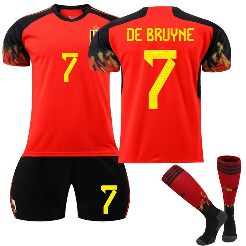 UONNO DE BRUYNE #7 Belgium Home Jersey 2022/23 Soccer Jersey Kit Football T-shirt Set For Adult Kids