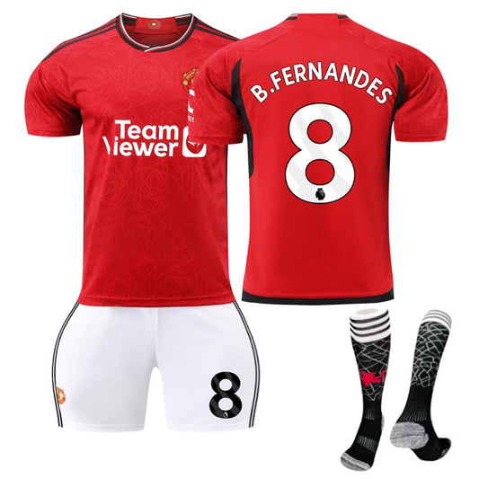 UONNO Red Devil Man Utd Home Jersey B.FERNANDES #8 Soccer Jersey Kids Adult 3Pcs Jersey Kits