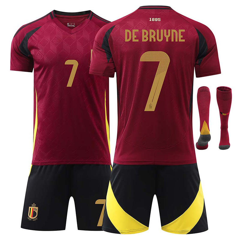 UONNO DE BRUYNE #7 Belgium Home Jersey Soccer Jersey Kit Football T-shirt Set for Adult Kids