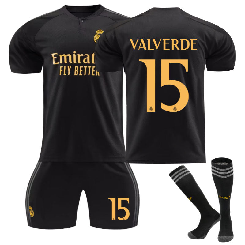 UONNO Real Madrid Second Away Jersey VALVERDE #15 Soccer Jersey Kids Adult 3Pcs Jersey Kits