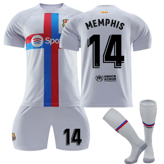 UONNO FC Barcelona Second Away Jersey 2022-23 MEMPHIS #14 Soccer Jersey Kids Adult 3-Pieces Jersey Kits