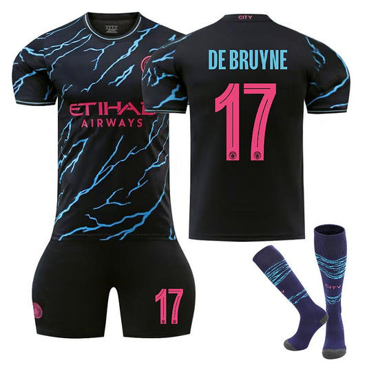 UONNO Manchester City Second Away UEFA Jersey DE BRUYNE #17 Soccer Jersey Kids Adult 3Pcs Jersey Kits