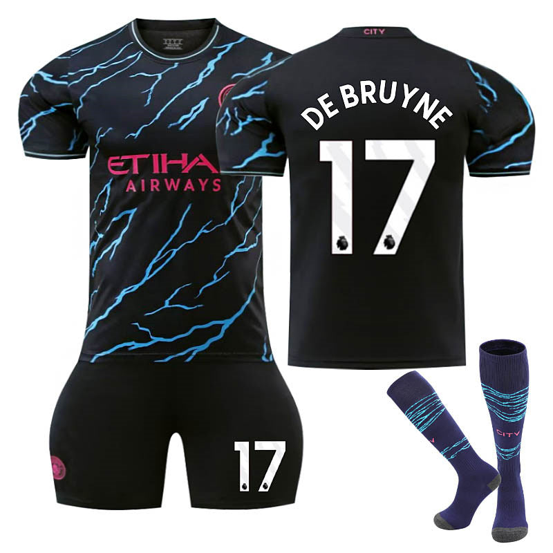 UONNO Manchester City Second Away EPL Jersey DE BRUYNE #17 Soccer Jersey Kids Adult 3Pcs Jersey Kits