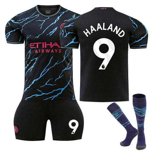 UONNO Manchester City Second Away EPL Jersey HAALAND #9 Soccer Jersey Kids Adult 3Pcs Jersey Kits