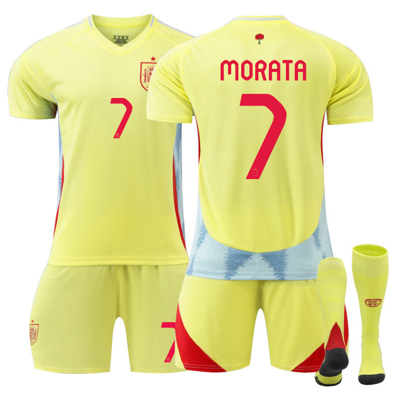 UONNO MORATA #7 Spain Away Jersey Soccer Jersey Kit Football T-shirt Set for Adult Kids