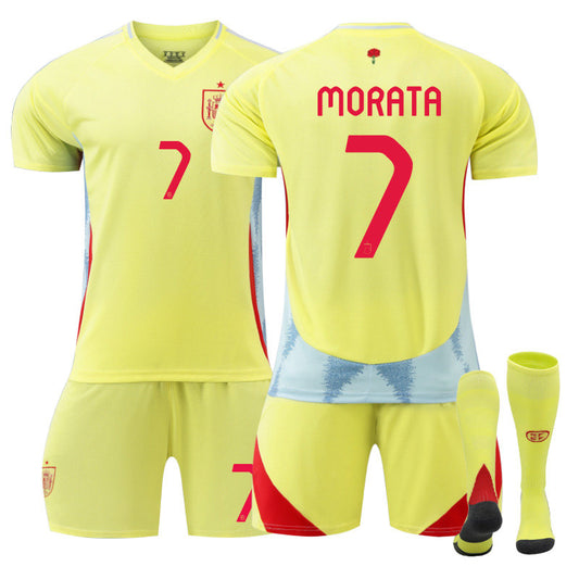 UONNO MORATA #7 Spain Away Jersey Soccer Jersey Kit Football T-shirt Set for Adult Kids