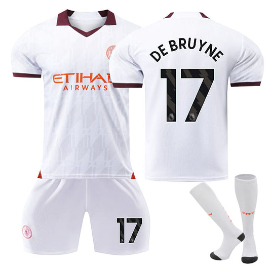 UONNO Manchester City Away Jersey DE BRUYNE #17 Soccer Jersey Kids Adult 3Pcs Jersey Kits-White