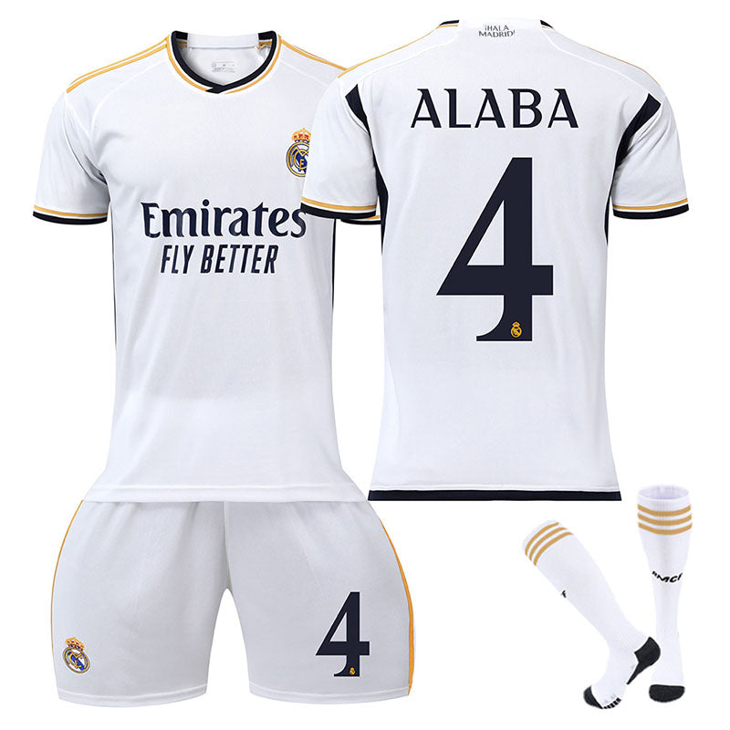 UONNO Real Madrid Home Jersey ALABA #4 Soccer Jersey Kids Adult 3Pcs Jersey Kits