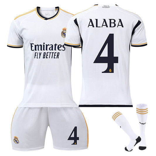 UONNO Real Madrid Home Jersey ALABA #4 Soccer Jersey Kids Adult 3Pcs Jersey Kits