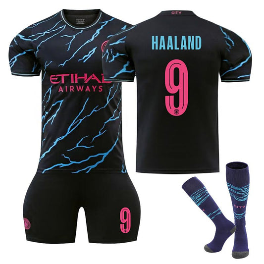 UONNO Manchester City Second Away UEFA Jersey HAALAND #9 Soccer Jersey Kids Adult 3Pcs Jersey Kits