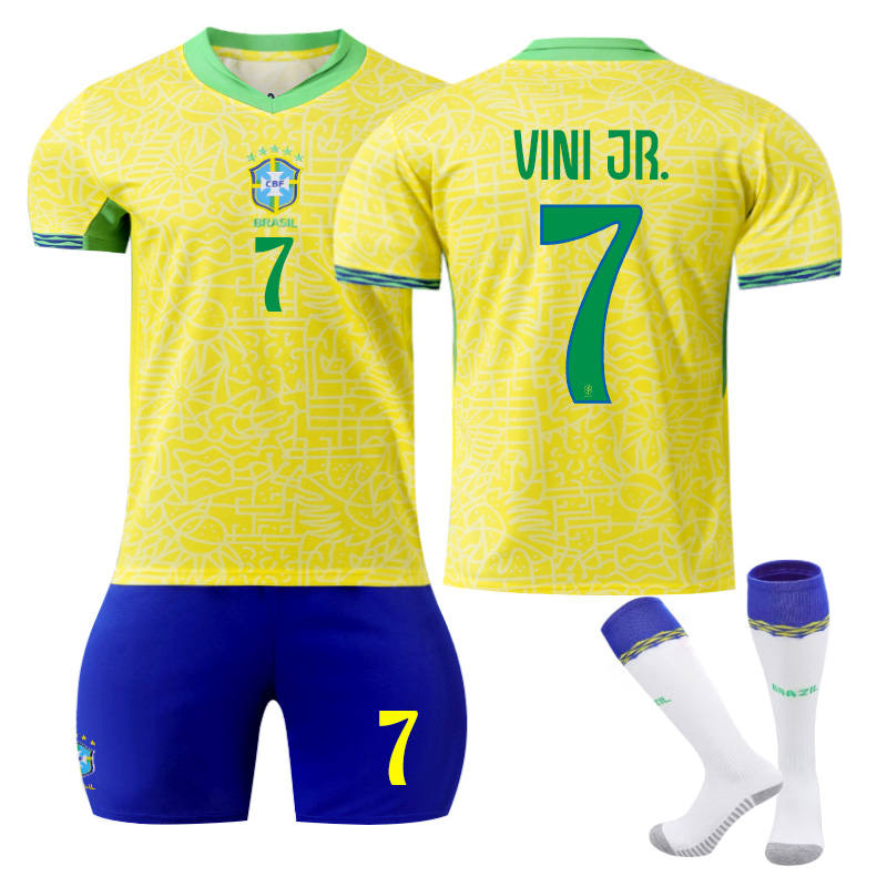 UONNO VINI JR. #7 Brazilian Home Jersey Soccer Jersey Kit Football T-shirt Set for Adult Kids