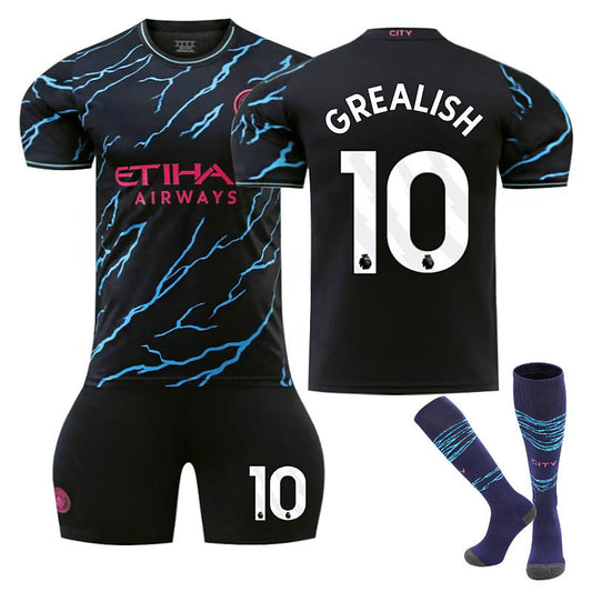 UONNO Manchester City Second Away EPL Jersey GREALISH #10 Soccer Jersey Kids Adult 3Pcs Jersey Kits