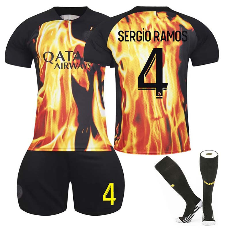 UONNO Paris Flame Special Edition Jersey SERGIO RAMOS #4 Soccer Jersey Kids Adult 3-Pieces Jersey Kits