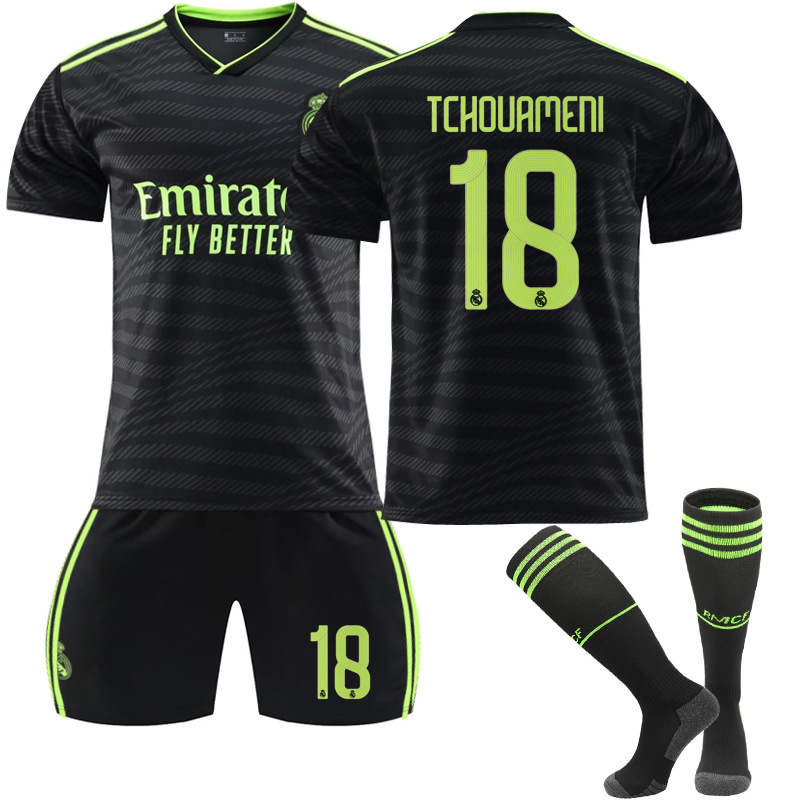 UONNO Real Madrid Second Away Jersey 2022-23 TCHOUAMENI #18 Soccer Jersey Kids Adult 3-Pieces Jersey Kits