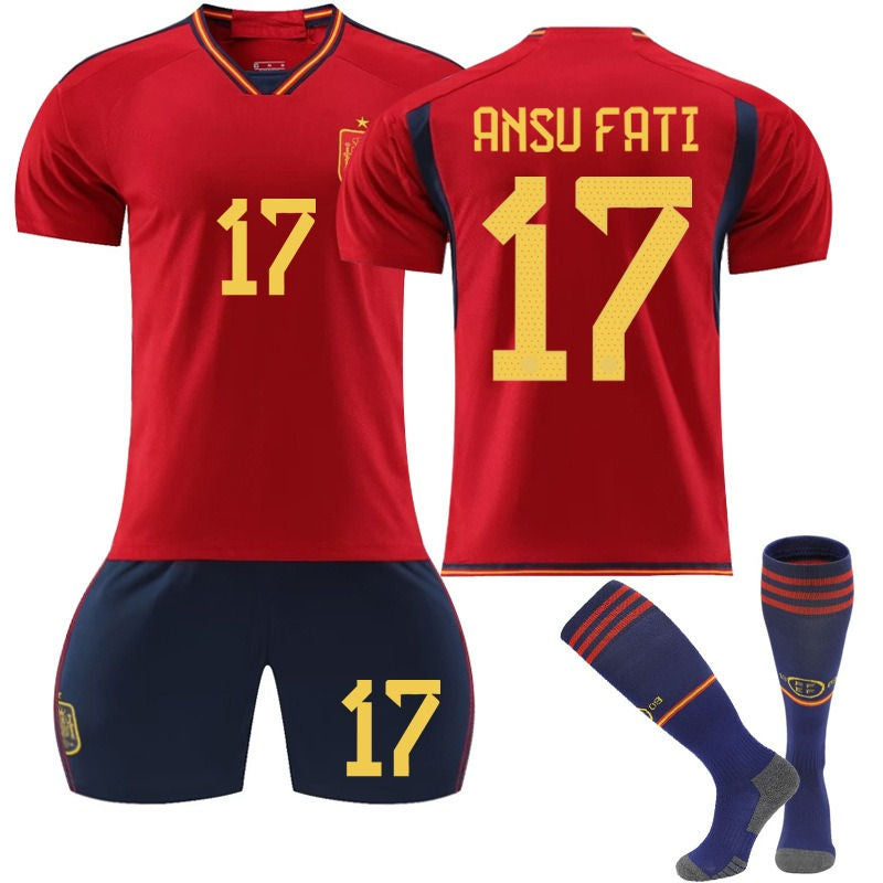 UONNO ANSU FATI #17 Spain Home Jersey 2022/23 Soccer Jersey Kit Football T-shirt Set For Adult Kids