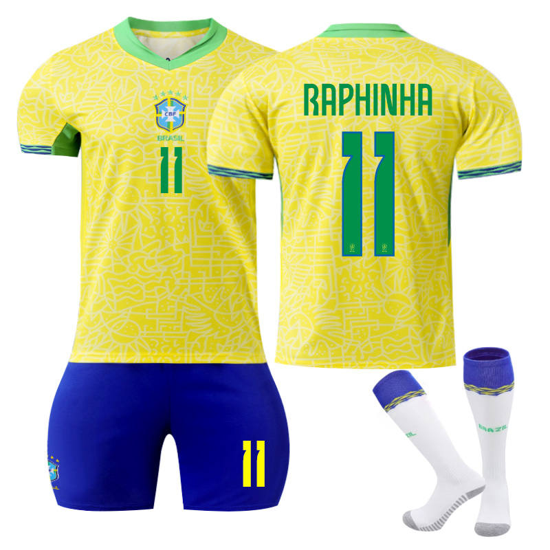 UONNO RAPHINHA #11 Brazilian Home Jersey Soccer Jersey Kit Football T-shirt Set for Adult Kids