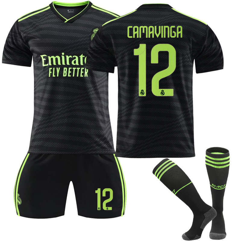 UONNO Real Madrid Second Away Jersey 2022-23 CAMAVINGA #12 Soccer Jersey Kids Adult 3-Pieces Jersey Kits