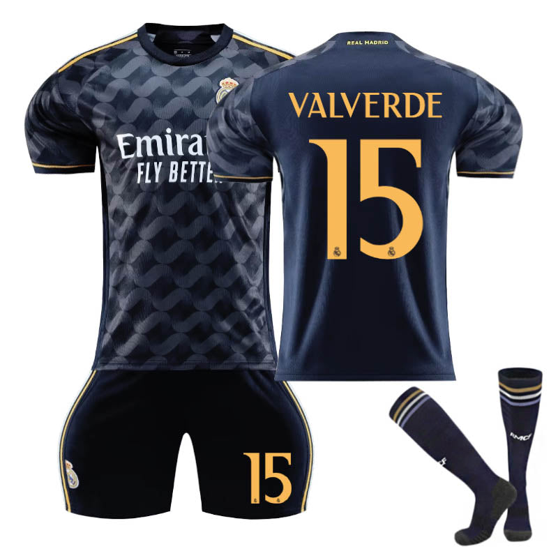 UONNO Real Madrid Away Jersey VALVERDE #15 Soccer Jersey Kids Adult 3Pcs Jersey Kits