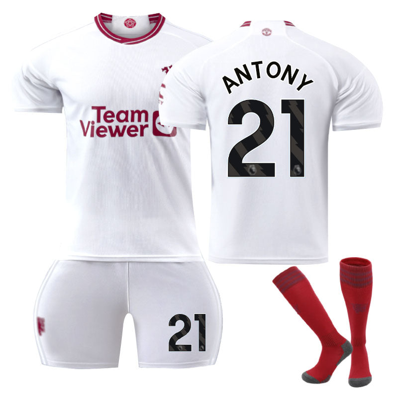 UONNO Red Devil Man Utd Second Away Jersey ANTONY #21 Soccer Jersey Kids Adult 3Pcs Jersey Kits