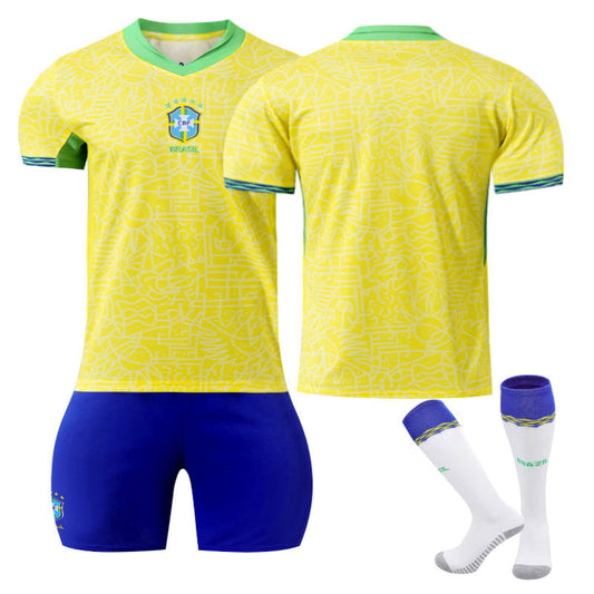 UONNO Brazilian Home Jersey Soccer Jersey Kit Football T-shirt Set for Adult Kids