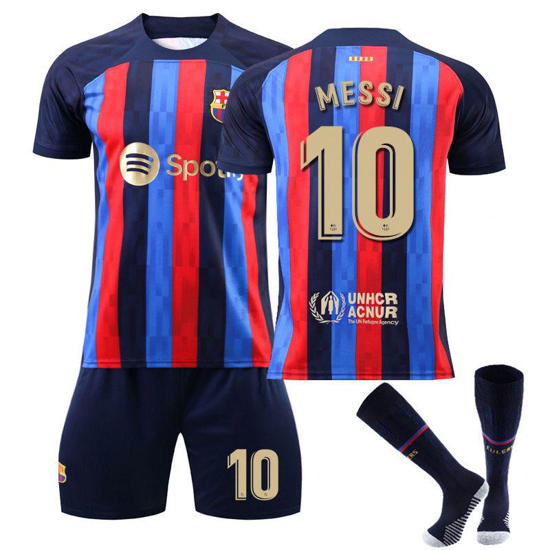 UONNO MESSI #10 Barca Home Jersey 2022/23 Soccer Jersey Kit Football T-shirt Set For Adult Kids